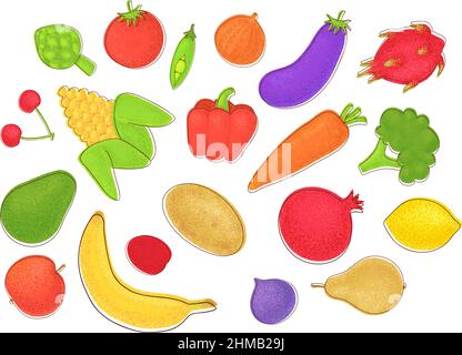 Fruit and vegetables icons set in cartoon hand drawn style. Collection farm product for restaurant menu isolated on white background Stock Vector