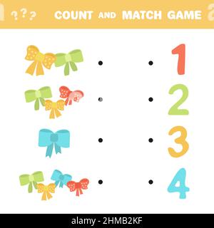 Counting game, count the number of ribbon and connect with the result. Educational children game, printable worksheet, vector illustration Stock Vector
