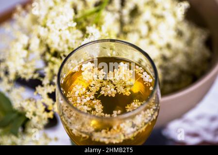 Fermentation and preparation of healthy elderberry beverage. Drink in cup and flower in bowl, closeup. Stock Photo