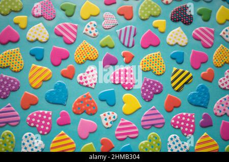 cute hearts stickers for design on blue background. Stock Photo