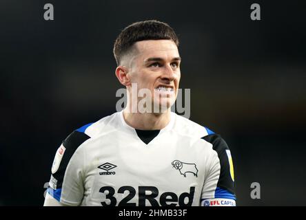 Derby County's Tom Lawrence reacts during the Sky Bet Championship match at Pride Park, Derby. Picture date: Tuesday February 8, 2022. Stock Photo