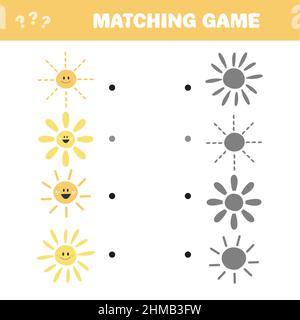 Find the correct shadow. Find and match the correct shadow of Sun. Educational children game, printable worksheet, vector illustration Stock Vector