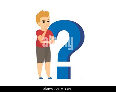 Indecisive boy standing near large blue question mark on white background. Concept of getting knowledge by thoughtful young male. Ask questions and look for answers concept. Vector eps illustration Stock Vector