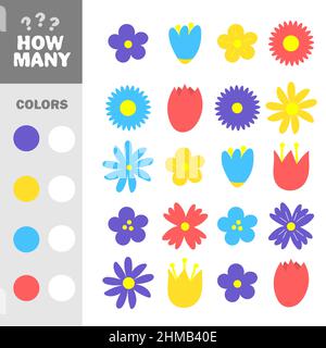 Educational maths game for children. How many flower with specific colors. Preschool worksheet activity. Children funny riddle entertainment Stock Vector