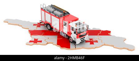 Fire department in Georgia. Fire engine truck on the Georgian map. 3D rendering isolated on white background Stock Photo