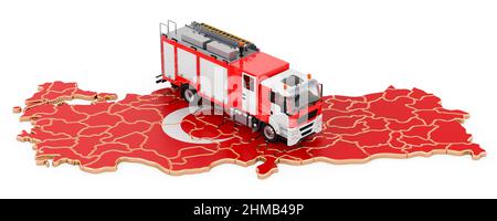 Fire department in Turkey. Fire engine truck on the Turkish map. 3D rendering isolated on white background Stock Photo