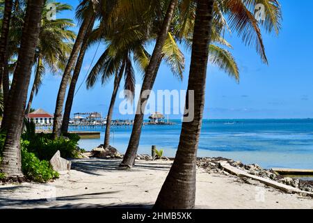 A path along the beach facing the Caribbean Sea with buildings and piers over the water on San Pedro, Belize. Stock Photo