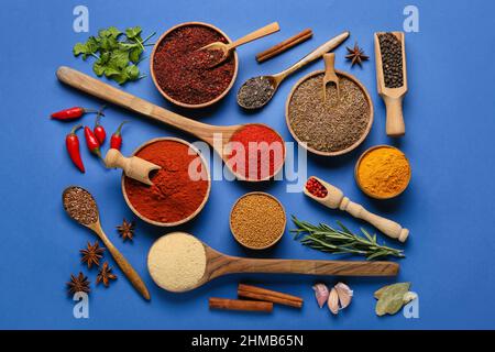 Composition with different spices and herbs on blue background Stock Photo