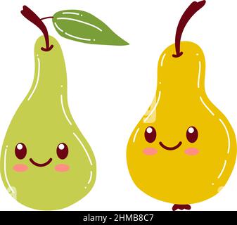Funny cute pear character. Vector flat pear cartoon kids happy character. Pear fruit concept illustration isolated on green background. Stock Vector