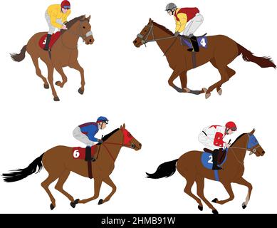 jockeys riding race horses - vector color illustration Stock Vector