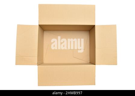 Empty box packing for things, cardboard box top view isolated on white background. Stock Photo