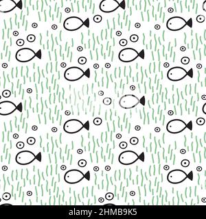 Hand drawn fish and bubbles seamless pattern Doodle style vector. Stock Vector