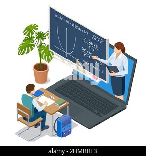 Isometric concept of math and geometry lesson online. Online studying. Personalised learning. E-learning, online education at home. Digital classroom Stock Vector