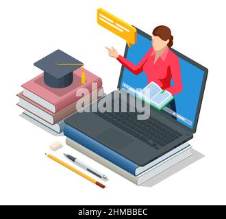 Isometric concept of Personalised learning. E-learning, online education at home. Seminar, internet classes, professional personal teacher service Stock Vector