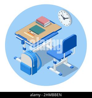 Isometric school desk and a chair isolated on white background. Wooden piece of furniture. Prepareing for test exam or studying lessons of secondary Stock Vector