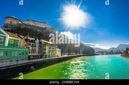 The Fortress of Kufstein seen from the bridge over the river Inn, Austria.