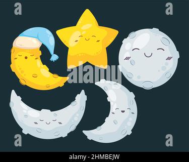 night time set five icons Stock Vector