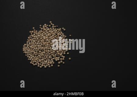 Pile of organic fragrant white peppercorns or white pepper seeds isolated on black background. Stock Photo