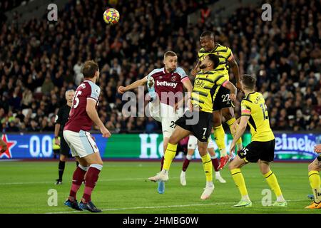 8th February 2022 ; London Stadium, London, England; Premier League football West Ham versus Watford; Samir of Watford heads clear Stock Photo