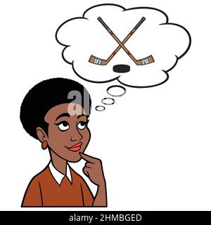 Black Woman thinking about a Hockey Game - A cartoon illustration of a Black Woman thinking about weekend Hockey Game. Stock Vector