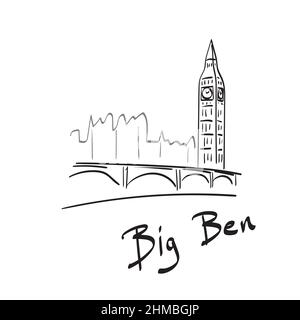 Big Ben and westminster bridge in London illustration vector hand drawn isolated on white background line art. Stock Vector