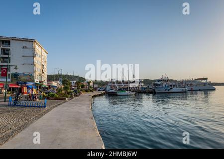 Ayvalik, Turkey - September 2021: Ayvalik town harbour area view by the Aegean sea. Ayvalık is a popular seaside in Turkey Stock Photo