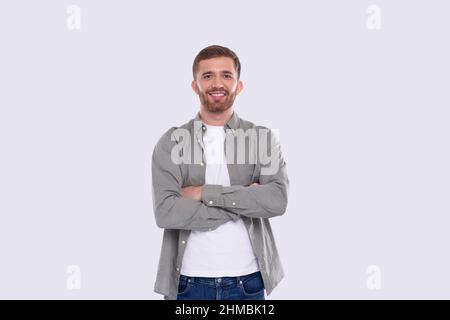 Man Hands Crossed Standing Isolated Smilling. Man Posing Stock Photo