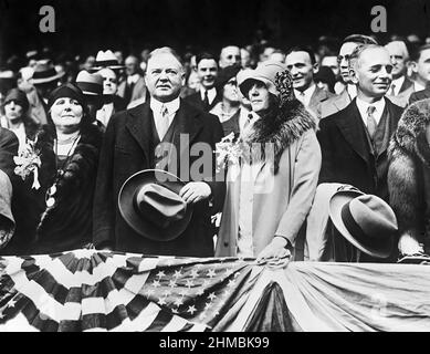 U.S. President Herbert Hoover and U.S. First Lady Lou Hoover attending World Series Baseball Game 3, Shibe Park, Philadelphia, Pennsylvania, USA, National Photo Company, October 11, 1929 Stock Photo