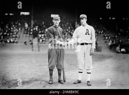 Johnny Evers (left) of National League champion Boston Braves and Eddie Plank (right) of American League Champion Philadelphia Athletics, full-length portrait before World Series Game 1, Shibe Park, Philadelphia, Pennsylvania, USA, Bain News Service, October 9, 1914 Stock Photo