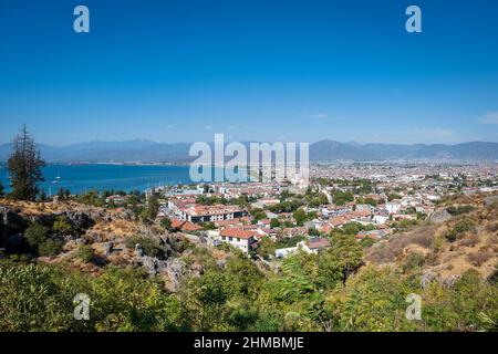 Fethiye landscape and cityscape, aerial view of the popular resort city of Fethiye and the Bay of the Mediterranean sea, Turkey. Stock Photo