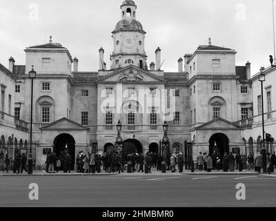 Horse Guards Parade as seen from Whitehall with two members of the Household Cavalry Mounted Regiment. London Stock Photo