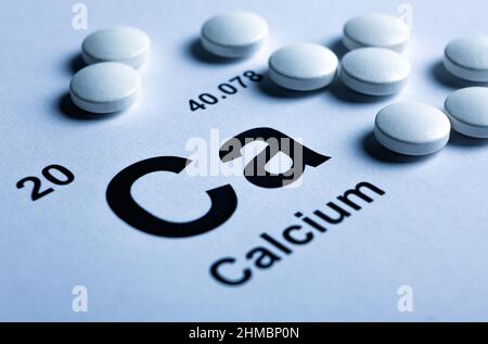 symbol of the chemical element Calcium and white pills closeup Stock Photo