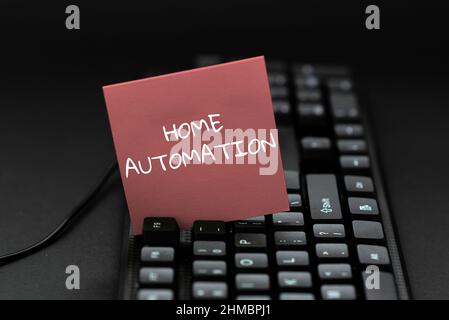 Text caption presenting Home Automation. Word for monitoring the electrical activity of the house using technology Typing Program Schedule, Retyping Stock Photo