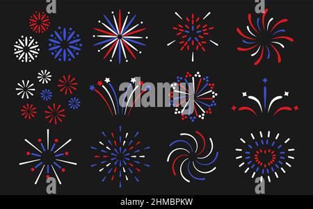 Fireworks with star and strip line icon in USA flag colors red white blue set isolated on black background. Happy Independence day, 4th July national holiday. Patriot memorial day. Vector illustration Stock Vector