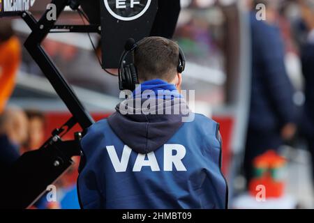 BARCELONA - FEB 6: A worker from the VAR (Video Assistant Referee) at the La Liga match between FC Barcelona and Club Atletico de Madrid at the Camp N Stock Photo