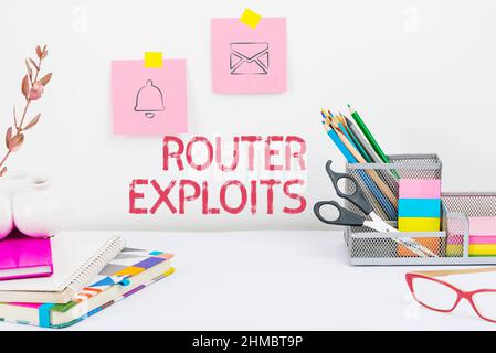 Handwriting text Router Exploits. Business showcase takes advantage of a security flaw in an application Tidy Workspace Setup, Writing Desk Tools Stock Photo