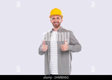 Construction Worker Showing Thumb Up Both Hands Smilling Isolated Standing Stock Photo