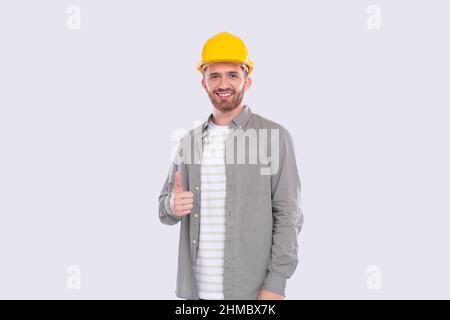 Construction Worker Showing Thumb Up Smilling Isolated Standing Stock Photo