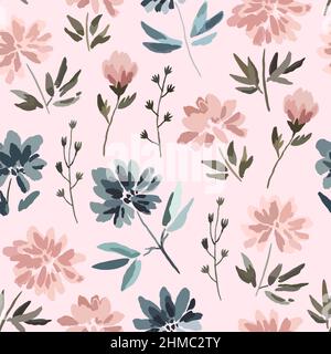 Seamless pattern with cute delicate pastel flowers in watercolor style isolated on white background. Stock Vector