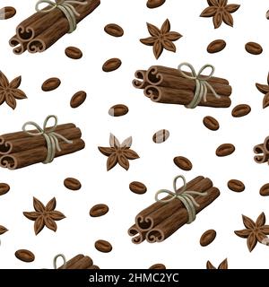 Seamless pattern with coffee, star anise and cinnamon sticks. Stock Vector