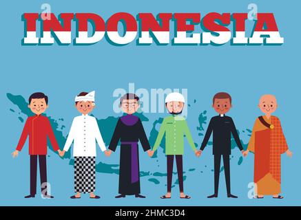 Unity in diversiy. Represent Indonesia as a country with various tribes and religions. Stock Vector