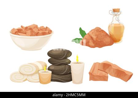 Set rolled towels, spa stones tower, aroma candles sandal wood sticks, oil and powder in cartoon style isolated on white background. Relax, wellness concept. Vector illustration Stock Vector