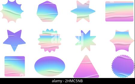 Holographic stickers set. Geometric shapes label with rainbow hologram. Vector elements for modern trend design. Stock Vector