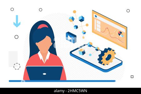 Woman developer of machine technology using neural networks. Creation of online robots for business automation, isometric vector design Stock Vector