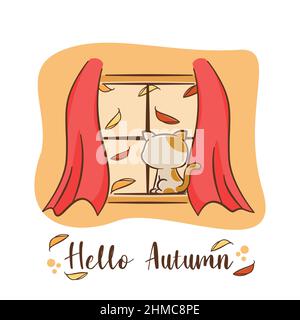 Cat behind the window with hello autumn greeting illustration Stock Vector