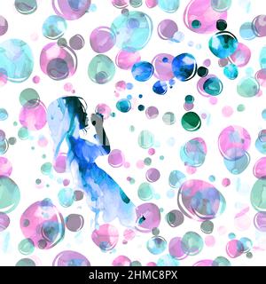 Soap watercolor bubbles. Seamless background. girl blowing soap bubbles. Vector illustration Stock Vector