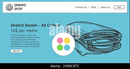 Stretch denim all colors buy cloth in sewing shop online, website or web page, landing template. Price and information of material. Store for tailors Stock Vector