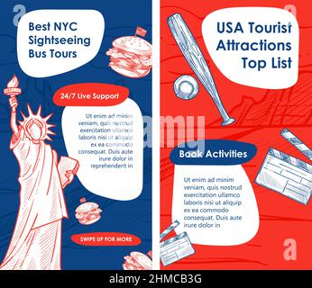 Top USA attractions list, book activities and bus tours to enjoy NYC sightseeing in comfort. Traveling in united states of America and trying traditio Stock Vector