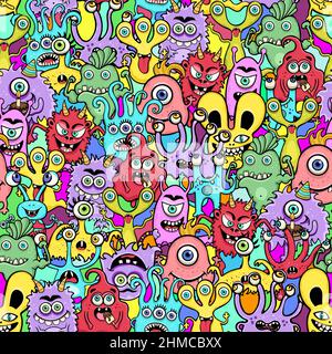 Cute monster seamless pattern, funny cartoon character, doodle print, fashion fabric, textile design. Cheerful bright colorful various fairy creatures Stock Vector