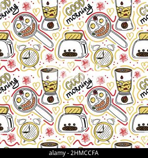 Seamless pattern, hand-drawn techniques in doodle style. Toaster, blender, frying pan, and hand-drawn lettering. Breakfast. Good Morning. Healthy Eati Stock Vector